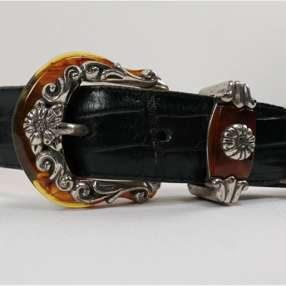 VTG Brighton Black Leather Croc Belt Amber Inlay Embossed Silver Buckle '96‎ USA
